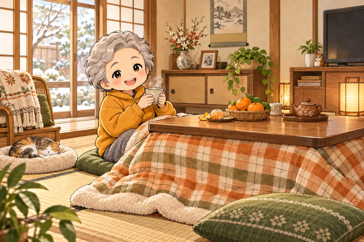 冬の居間。ロータイプのこたつに入り、湯のみを手にくつろぐお客さん。ごろんと寝そべれる気持ちよさ
