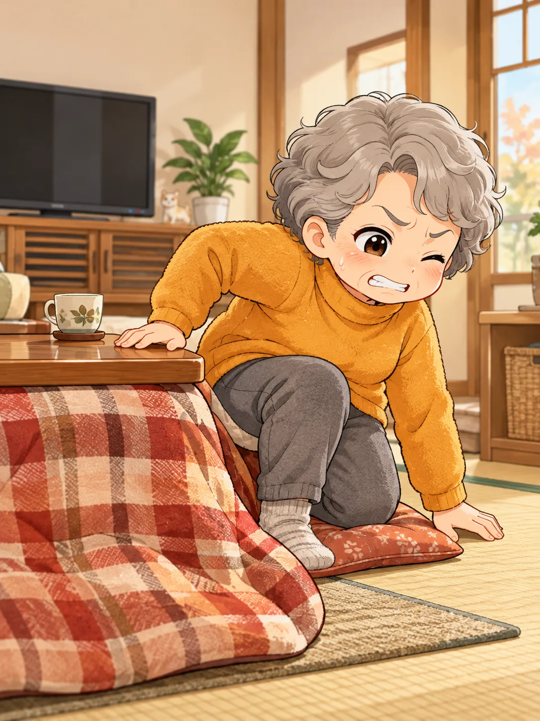 立ち上がろうと、こたつの天板と床に手をつき、腰を浮かせるお客さん。少しつらそうな顔
