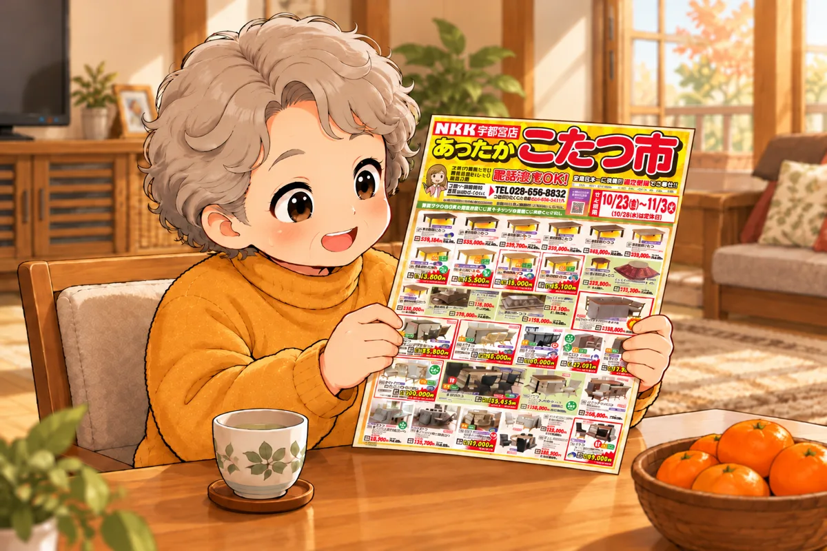 居間のテーブルで、家具屋さんの暖かい色のチラシを手に取るお客さん(チラシの文字は描かない)
