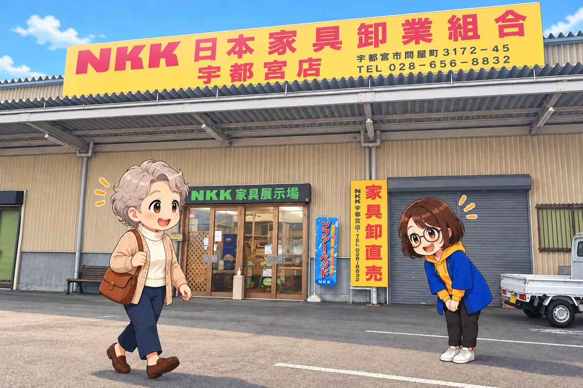 家具店の入口(看板の文字は描かない)。のぼりが並ぶ中、店に入るお客さんと、迎える店員さん