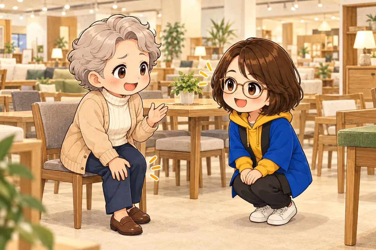 店内で、困ったように相談するお客さん(左)と、うなずいて聞く女性の店員さん(右)