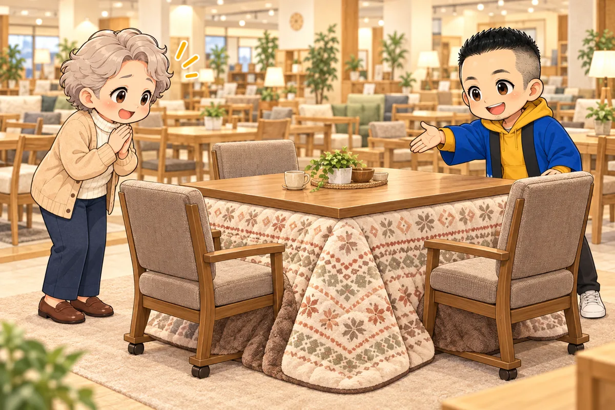 男性の店員さんが指さす先に、ダイニングこたつのセット。お客さんは「あら」と目を丸くする
