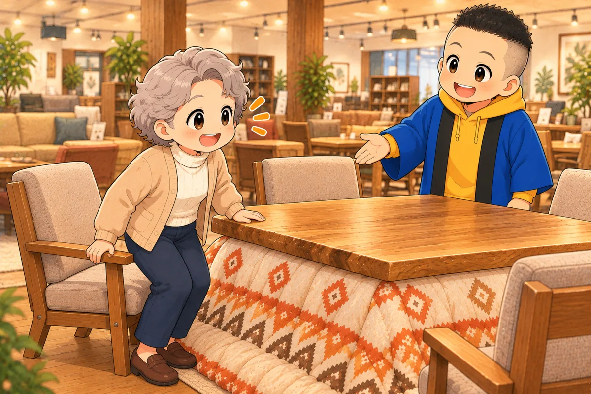 テーブルに軽く手を添えて、すっと立ち上がるお客さん。横で店員さんが笑顔