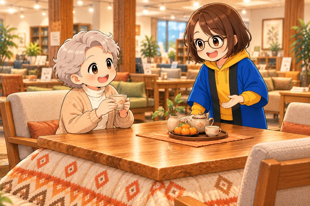 ダイニングこたつに座り、お茶を飲みながら女性の店員さんと話すお客さん