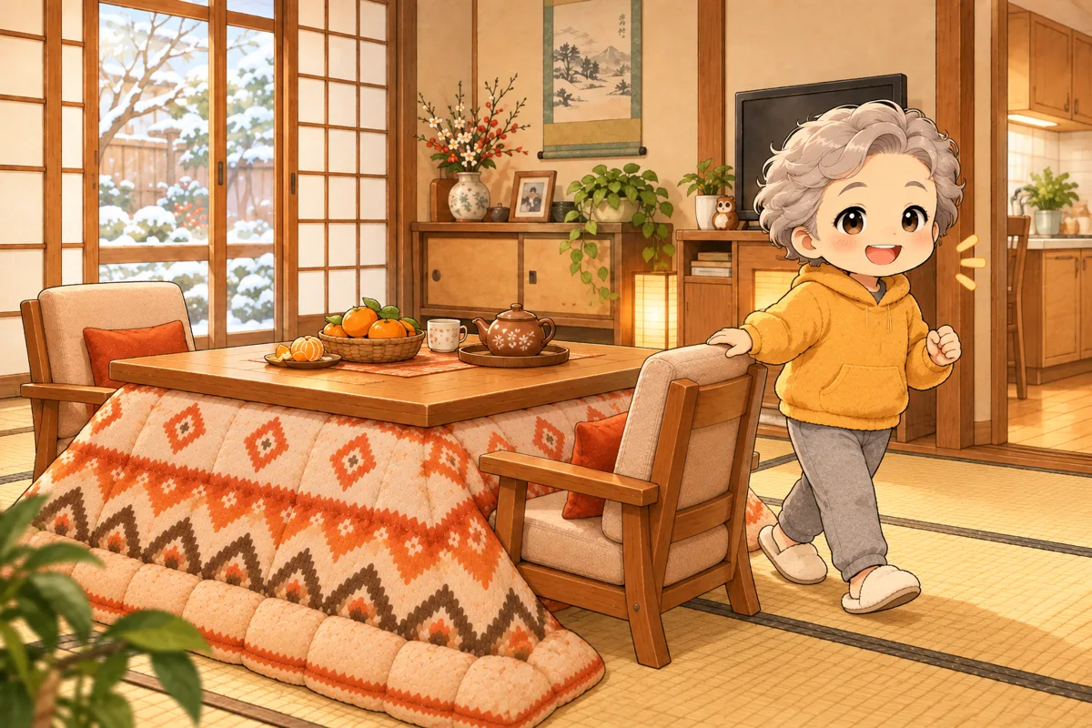 数日後の自宅。居間に届いたダイニングこたつ。椅子からすっと立ち、キッチンへ向かうお客さん