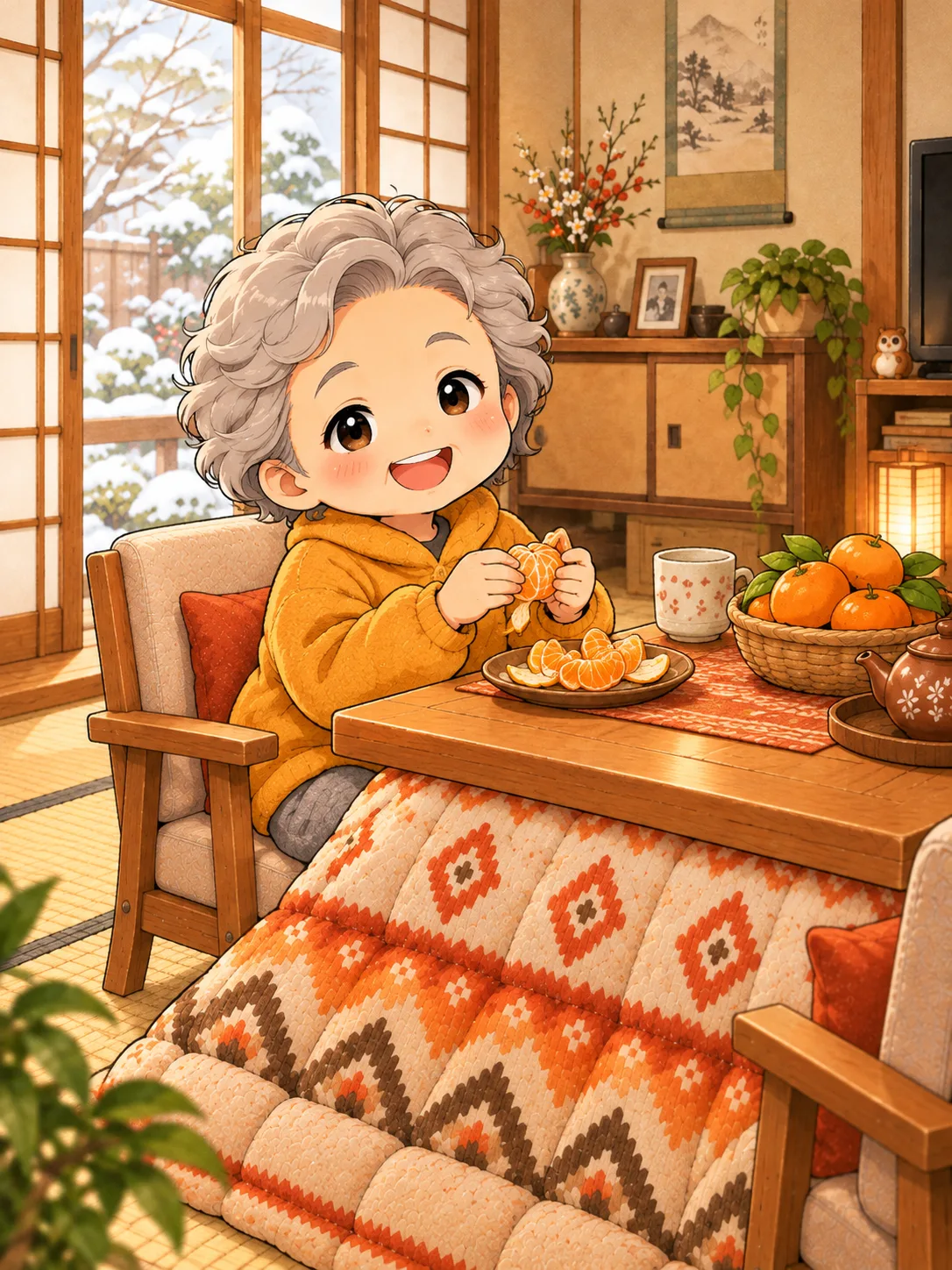 ダイニングこたつで、みかんをむきながらにっこりするお客さん
