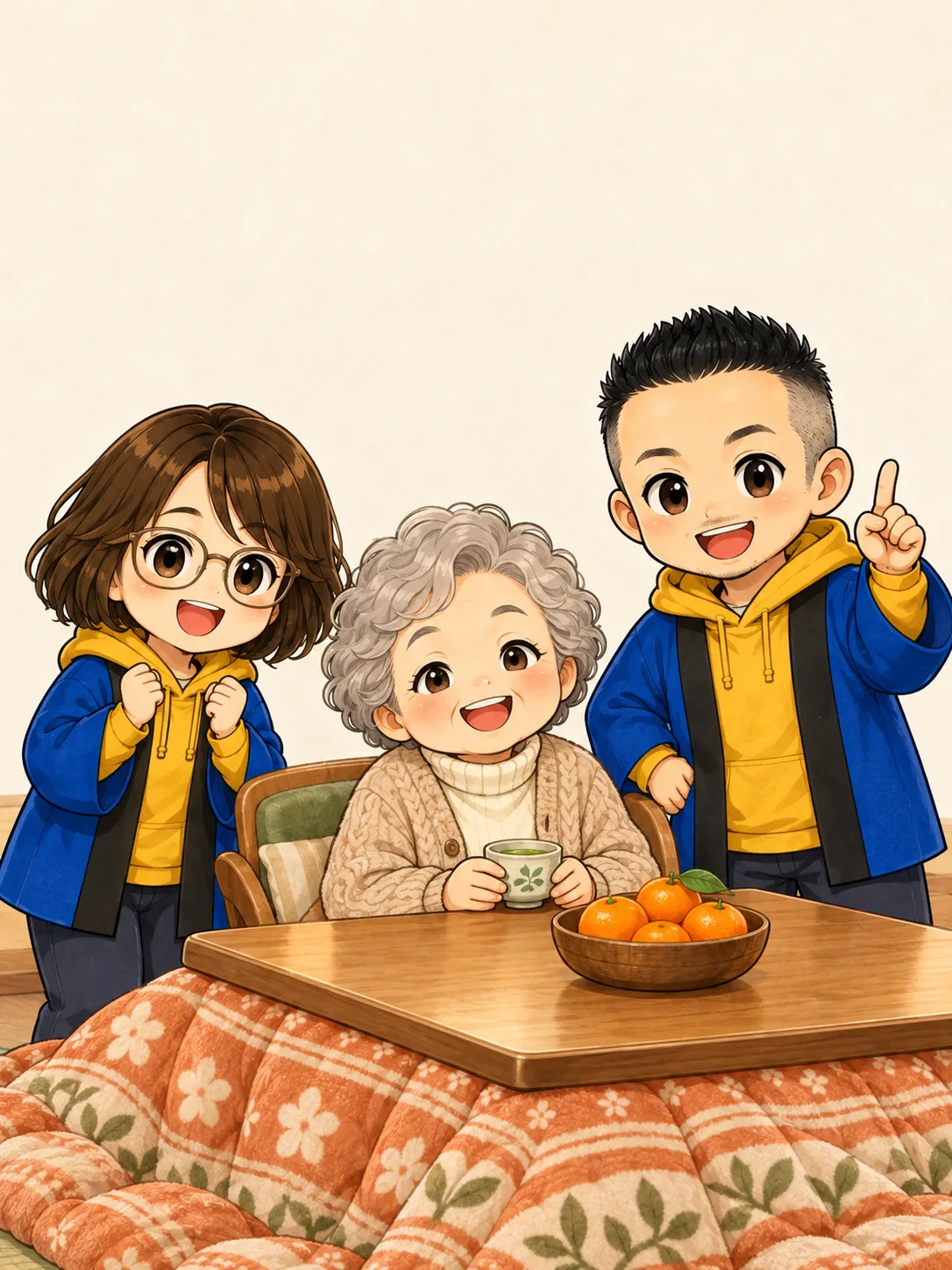 表紙。上40%は無地の暖かいクリーム色。下にダイニングこたつに座って笑顔のお客さん、右で指さす男性の店員さん、左で両手を胸の前で握る女性の店員さん